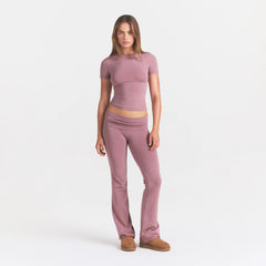 COTTON JERSEY FOLDOVER PANT | MUTED MAUVE ON A MODEL FRONT VIEW @ | FOCUS: 0.0, 1.0, 0.9