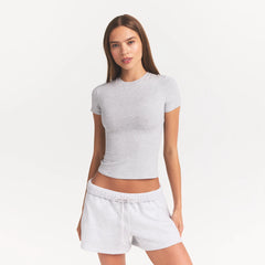 COTTON JERSEY T-SHIRT | LIGHT HEATHER GREY ON A MODEL FRONT VIEW @ | FOCUS: 0.0, 1.0, 0.9