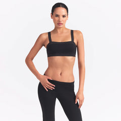 NikeSKIMS MATTE AND SHINE STRAIGHT NECK BRA | OBSIDIAN/IGNEOUS ON A MODEL SIDE VIEW @ | FOCUS: 0.0, 1.0, 0.9