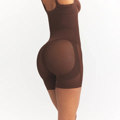 POWER MESH SHAPEWEAR CORE SCULPT OPEN BUST MID THIGH BODYSUIT | COCOA ON A MODEL SIDE VIEW @