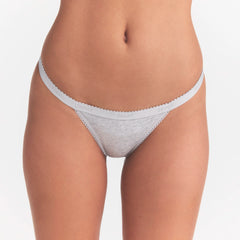 LIGHTWEIGHT COTTON LOGO PICOT STRING BIKINI | LIGHT HEATHER GREY ON A MODEL SIDE VIEW | FOCUS: 0.0, 1.0, 0.9