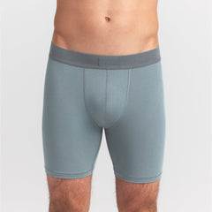 SKIMS COTTON MENS 5" BOXER BRIEF | SKY ON A MODEL FRONT VIEW @ | FOCUS: 0.0, 1.0, 0.9