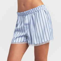 WOVEN SHINE LACE BOXER | PERIWINKLE WIDE STRIPE ON A MODEL SIDE VIEW @ | FOCUS: 0.0, 1.0, 0.9
