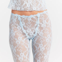 STRETCH LACE CAPRI | POWDER BLUE ON A MODEL FRONT VIEW @ | FOCUS: 0.0, 1.0, 0.9