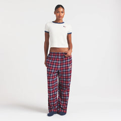 SKIMS FOR TEAM USA FLANNEL SLEEP OLYMPIC PANT | RED PLAID ON A MODEL FRONT VIEW @ | FOCUS: 0.0, 1.0, 0.9