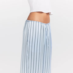 WOVEN SHINE LACE PANT | PERIWINKLE WIDE STRIPE ON A MODEL SIDE VIEW @ | FOCUS: 0.0, 1.0, 0.9