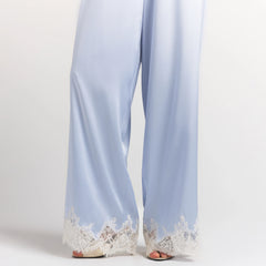 SILK LACE PANT | PERIWINKLE CONTRAST ON A MODEL SIDE VIEW @ | FOCUS: 0.0, 1.0, 0.9