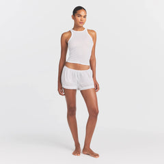 VOILE SLEEP BLOOMER SHORT | SNOW ON A MODEL FRONT VIEW @ | FOCUS: 0.0, 1.0, 0.9