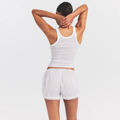 VOILE SLEEP BLOOMER SHORT | SNOW ON A MODEL SIDE VIEW @ | FOCUS: 0.0, 1.0, 0.9