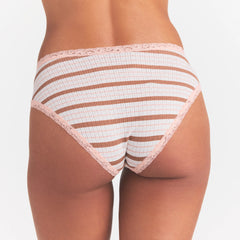 LIGHTWEIGHT COTTON POINTELLE LACE BRIEF | VILLA EGRET RUNWAY STRIPE ON A MODEL SIDE VIEW @ | FOCUS: 0.0, 1.0, 0.9