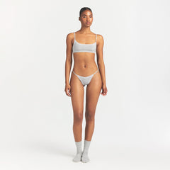 LIGHTWEIGHT COTTON POINTELLE SCOOP BRALETTE | LIGHT HEATHER GREY PIN DOT ON A MODEL FRONT VIEW @ | FOCUS: 0.0, 1.0, 0.9