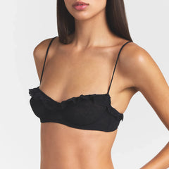 STRETCH LACE RUFFLE UNLINED BRA | SOOT ON A MODEL SIDE VIEW @ | FOCUS: 0.0, 1.0, 0.9