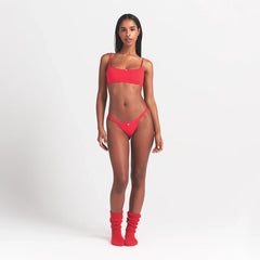 LIGHTWEIGHT COTTON LOGO PICOT SCOOP BRALETTE | RUBY TONAL ON A MODEL FRONT VIEW @ | FOCUS: 0.0, 1.0, 0.9