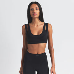 NikeSKIMS MATTE DOUBLE STRAP SCOOP BRA | OBSIDIAN ON A MODEL FRONT VIEW @ | FOCUS: 0.0, 1.0, 0.9