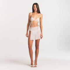 ULTRA FINE MESH BOW BRA | IVORY ON A MODEL FRONT VIEW @ | FOCUS: 0.0, 1.0, 0.9