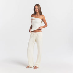 FRENCH TERRY STRAIGHT LEG PANT | ECRU ON A MODEL FRONT VIEW @ | FOCUS: 0.0, 1.0, 0.9