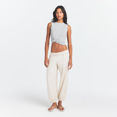 DRAPEY FRENCH TERRY CROPPED JOGGER | BUFF ON A MODEL FRONT VIEW @ | FOCUS: 0.0, 1.0, 0.9
