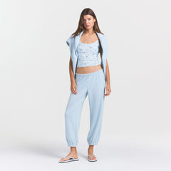 DRAPEY FRENCH TERRY CROPPED JOGGER | POWDER BLUE ON A MODEL FRONT VIEW @ | FOCUS: 0.0, 1.0, 0.9