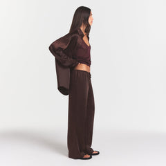 LIGHTWEIGHT SATIN STRAIGHT LEG PANT | ESPRESSO ON A MODEL FRONT VIEW @ | FOCUS: 0.0, 1.0, 0.9