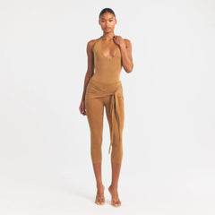 CUPRO JERSEY WRAP CAPRI | ALMOND ON A MODEL FRONT VIEW @ | FOCUS: 0.0, 1.0, 0.9