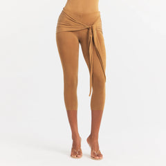 CUPRO JERSEY WRAP CAPRI | ALMOND ON A MODEL SIDE VIEW @ | FOCUS: 0.0, 1.0, 0.9