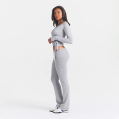 ESSENTIAL SWEATERS FOLDOVER PANT | MID HEATHER GREY & LAYS FLAT ON A WHITE BACKGROUND | FLT @ | FOCUS: 0.0, 1.0, 0.9
