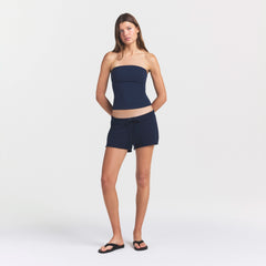 DRAPEY FRENCH TERRY SHORT | NAVY ON A MODEL FRONT VIEW @ | FOCUS: 0.0, 1.0, 0.9