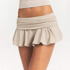 COTTON JERSEY FOLDOVER MINI SKORT | STONE ON A MODEL FRONT VIEW @ | FOCUS: 0.0, 1.0, 0.9