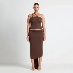 SHEER MODAL DRAPED SKIRT | COCOA ON A MODEL FRONT VIEW | FOCUS: 0.0, 1.0, 0.9