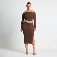 VETTESE X SKIMS SHEER MODAL MIDI SKIRT | COCOA ON A MODEL FRONT VIEW | FOCUS: 0.0, 1.0, 0.9