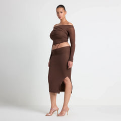 VETTESE X SKIMS SHEER MODAL MIDI SKIRT | COCOA ON A MODEL SIDE VIEW | FOCUS: 0.0, 1.0, 0.9