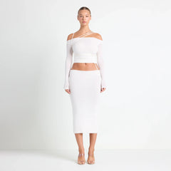 VETTESE X SKIMS SHEER MODAL MIDI SKIRT | ECRU ON A MODEL FRONT VIEW | FOCUS: 0.0, 1.0, 0.9