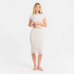 RIB KNIT LACE MIDI SKIRT | EGRET ON A MODEL FRONT VIEW @ | FOCUS: 0.0, 1.0, 0.9