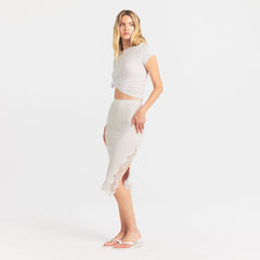 RIB KNIT LACE MIDI SKIRT | EGRET ON A MODEL FRONT VIEW @ | FOCUS: 0.0, 1.0, 0.9