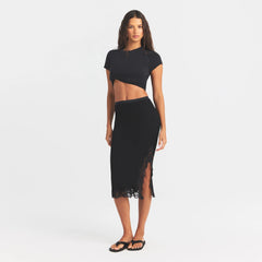 RIB KNIT LACE MIDI SKIRT | OBSIDIAN ON A MODEL FRONT VIEW @ | FOCUS: 0.0, 1.0, 0.9