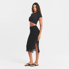 RIB KNIT LACE MIDI SKIRT | OBSIDIAN ON A MODEL FRONT VIEW @ | FOCUS: 0.0, 1.0, 0.9