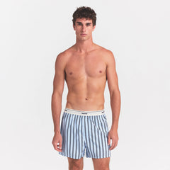 COTTON POPLIN MENS LOGO BAND BOXER | PERIWINKLE STRIPE ON A MODEL FRONT VIEW @ | FOCUS: 0.0, 1.0, 0.9