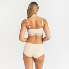 LIGHTWEIGHT COTTON LACE BOY SHORT | BUTTER TONAL ON A MODEL SIDE VIEW @ | FOCUS: 0.0, 1.0, 0.9