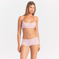 LIGHTWEIGHT COTTON POINTELLE LACE BOY SHORT | BLOOM DAINTY FLORAL ON A MODEL SIDE VIEW @ | FOCUS: 0.0, 1.0, 0.9
