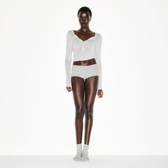 LIGHTWEIGHT COTTON POINTELLE LACE BOY SHORT | LIGHT HEATHER GREY ON A MODEL FRONT VIEW @ | FOCUS: 0.0, 1.0, 0.9