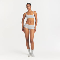 LIGHTWEIGHT COTTON POINTELLE LACE BOY SHORT | LIGHT HEATHER GREY PIN DOT ON A MODEL FRONT VIEW @ | FOCUS: 0.0, 1.0, 0.9