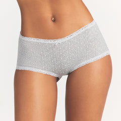 LIGHTWEIGHT COTTON POINTELLE LACE BOY SHORT | LIGHT HEATHER GREY PIN DOT ON A MODEL SIDE VIEW @ | FOCUS: 0.0, 1.0, 0.9