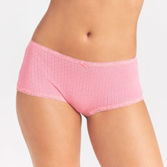 LIGHTWEIGHT COTTON POINTELLE LACE BOY SHORT | MELON TONAL ON A MODEL SIDE VIEW @ | FOCUS: 0.0, 1.0, 0.9