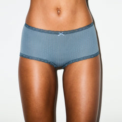 LIGHTWEIGHT COTTON POINTELLE LACE BOY SHORT | ZIRCON TONAL ON A MODEL SIDE VIEW @ | FOCUS: 0.0, 1.0, 0.9