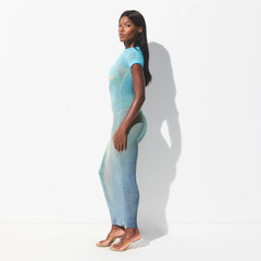 MESH COVER-UPS LONG DRESS | CYAN FK BODY PRINT ON A MODEL FRONT VIEW @ | FOCUS: 0.0, 1.0, 0.9