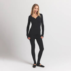 WOOL RIB HENLEY DRESS | OBSIDIAN ON A MODEL FRONT VIEW S | FOCUS: 0.0, 1.0, 0.9