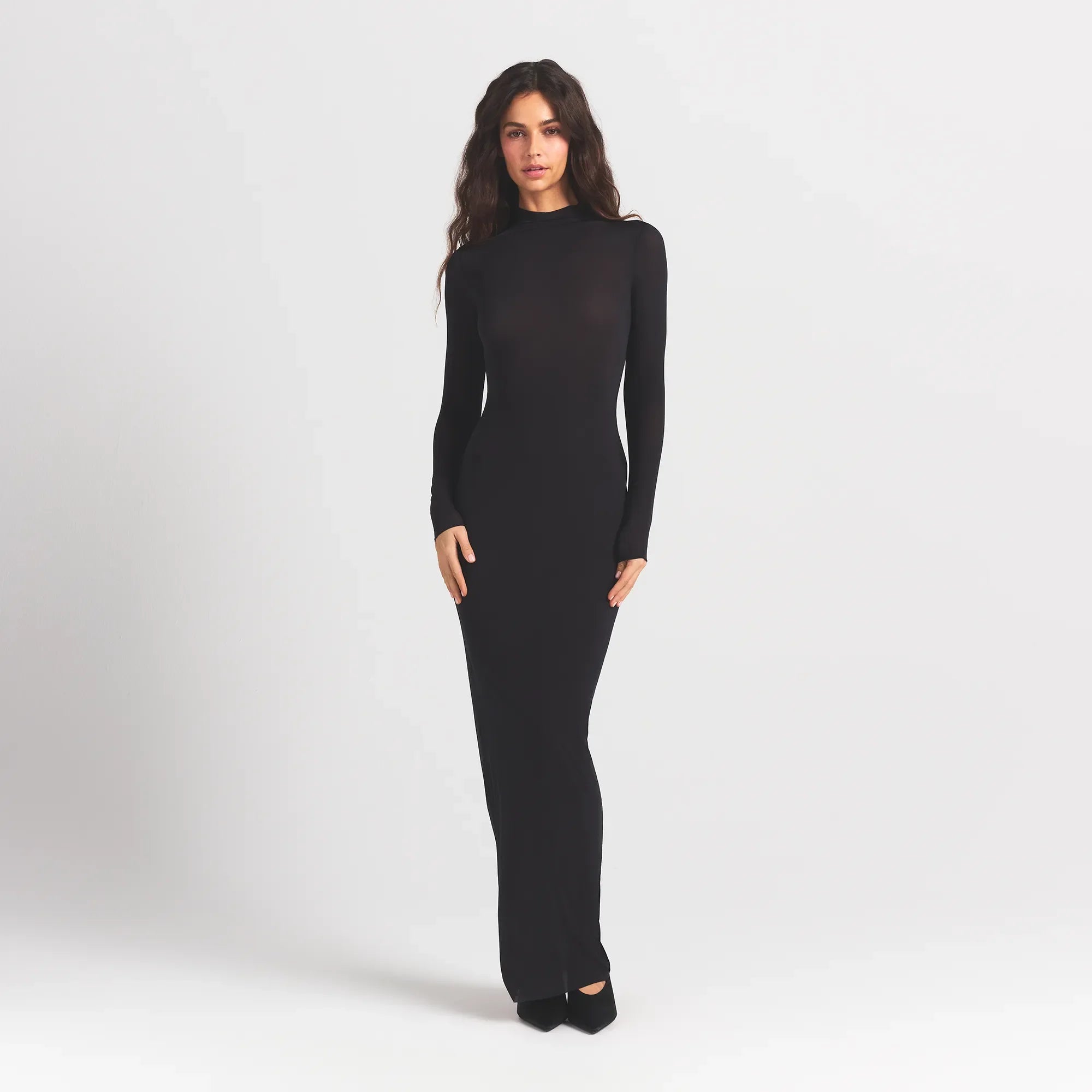 MILKY SHEER MOCK NECK LONG SLEEVE LONG DRESS | OBSIDIAN ON A MODEL FRONT VIEW @ | FOCUS: 0.0, 1.0, 0.9