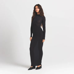 MILKY SHEER MOCK NECK LONG SLEEVE LONG DRESS | OBSIDIAN ON A MODEL FRONT VIEW @ | FOCUS: 0.0, 1.0, 0.9