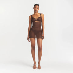 POWER MESH SHAPEWEAR OPEN BUST SLIP DRESS | COCOA ON A MODEL FRONT VIEW @