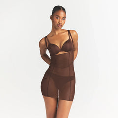 POWER MESH SHAPEWEAR OPEN BUST SLIP DRESS | COCOA ON A MODEL FRONT VIEW @
